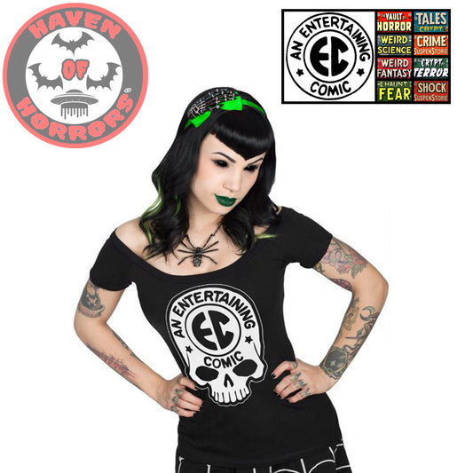 EC Comics Skull Logo White Off Shoulder Top