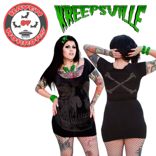 Kreepsville 666 Skull Print Dress (Charcoal Grey)