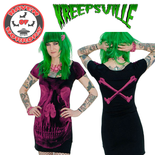 Kreepsville 666 Skull Print Dress (Magenta)