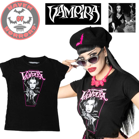 Vampira Pink Coffin Womens T-Shirt